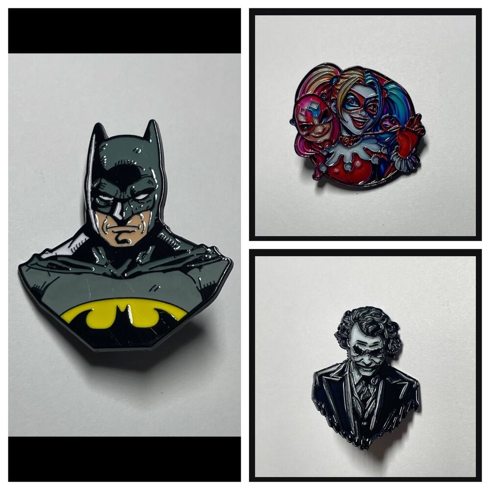 Batman, Harley Quinn & The Joker Metal Enamel Pins